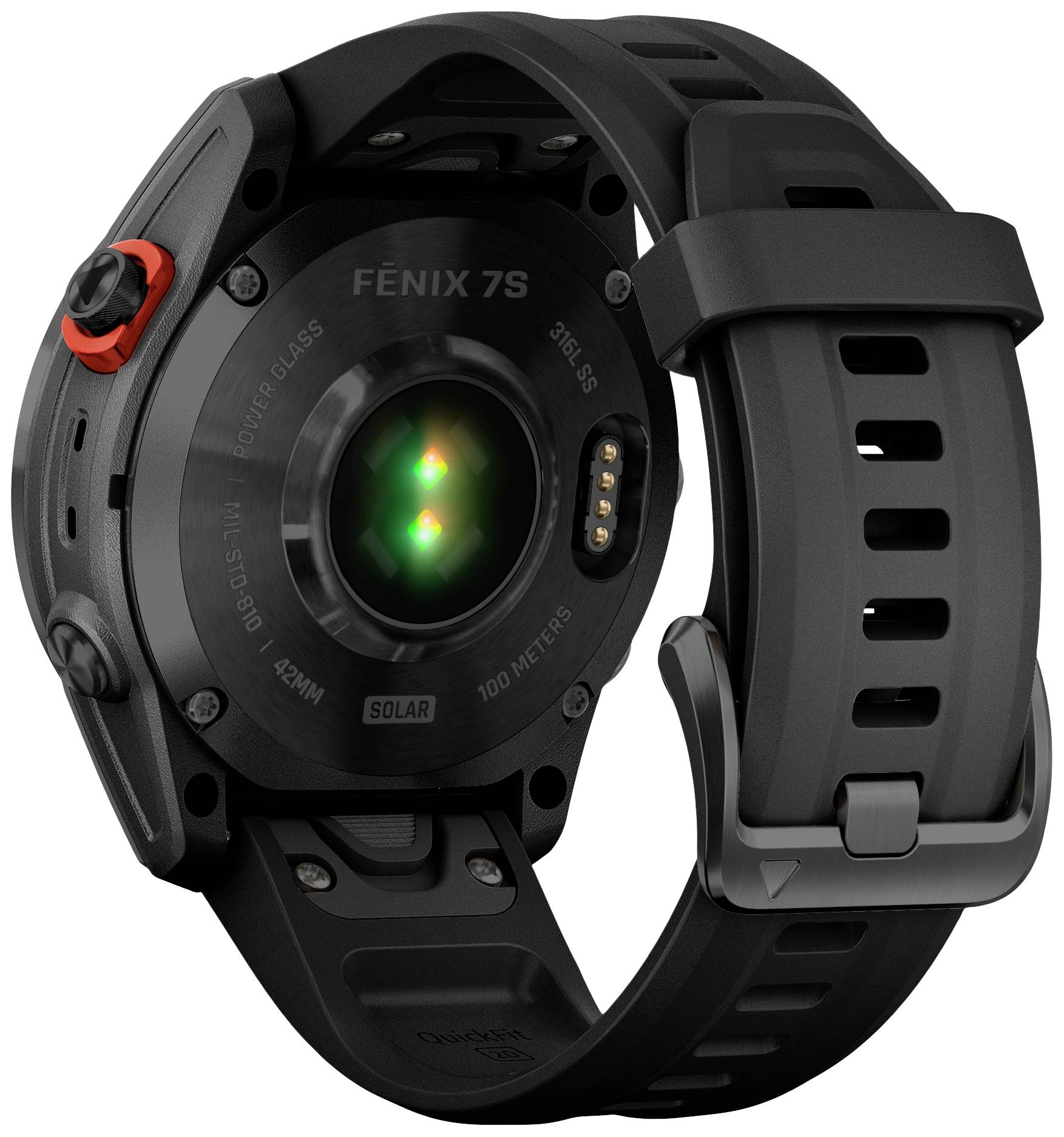 Smartwatch rear view with black strap, showing sensors and ports.