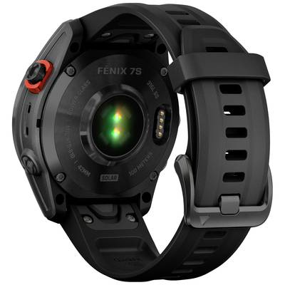 Smartwatch rear view with black strap, showing sensors and ports.