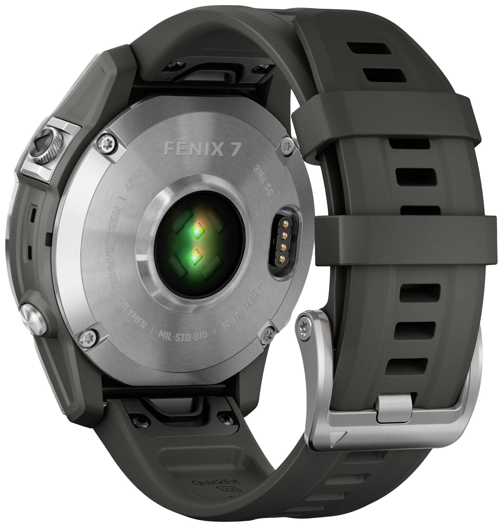 A smartwatch shown from the back, with green sensor light and the inscription 'Fenix 7'. A dark grey strap is attached.