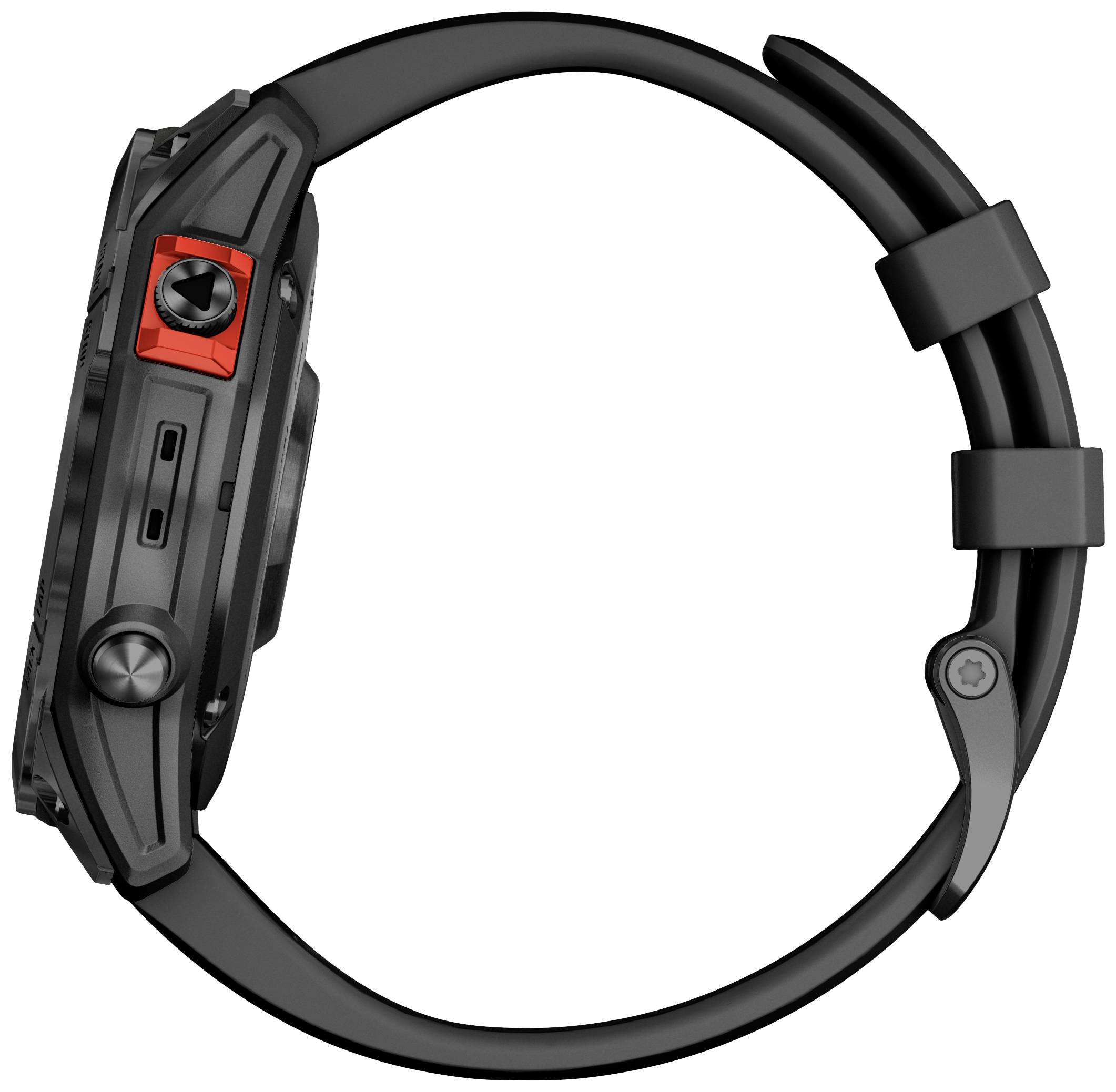 Black smartwatch viewed from the side, with a red accent on the crown, showcasing the sleek profile of the case and strap.