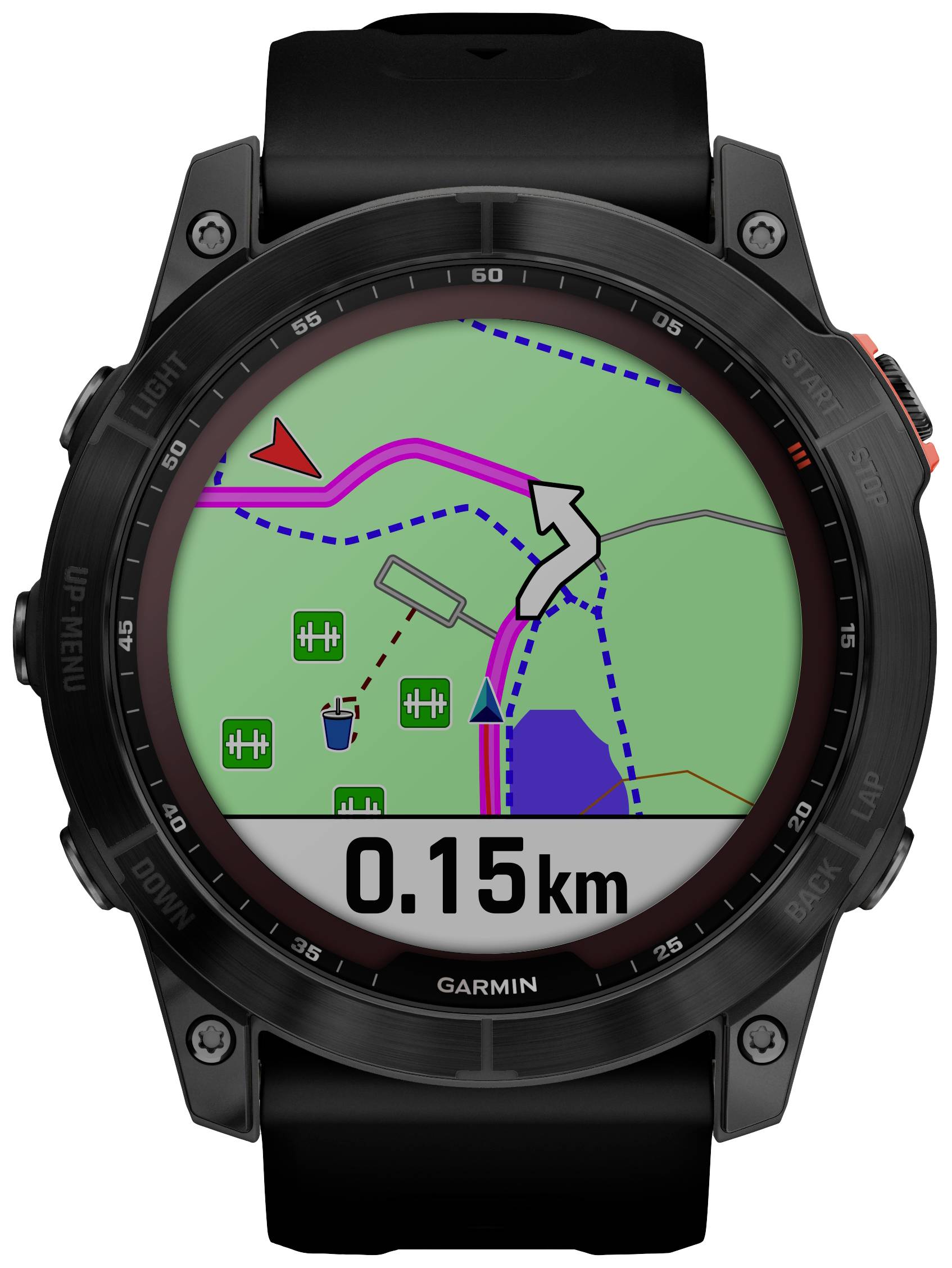 Smartwatch with navigation function. The screen displays a map with a pink route, a red directional arrow, and a distance of 0.15 km.