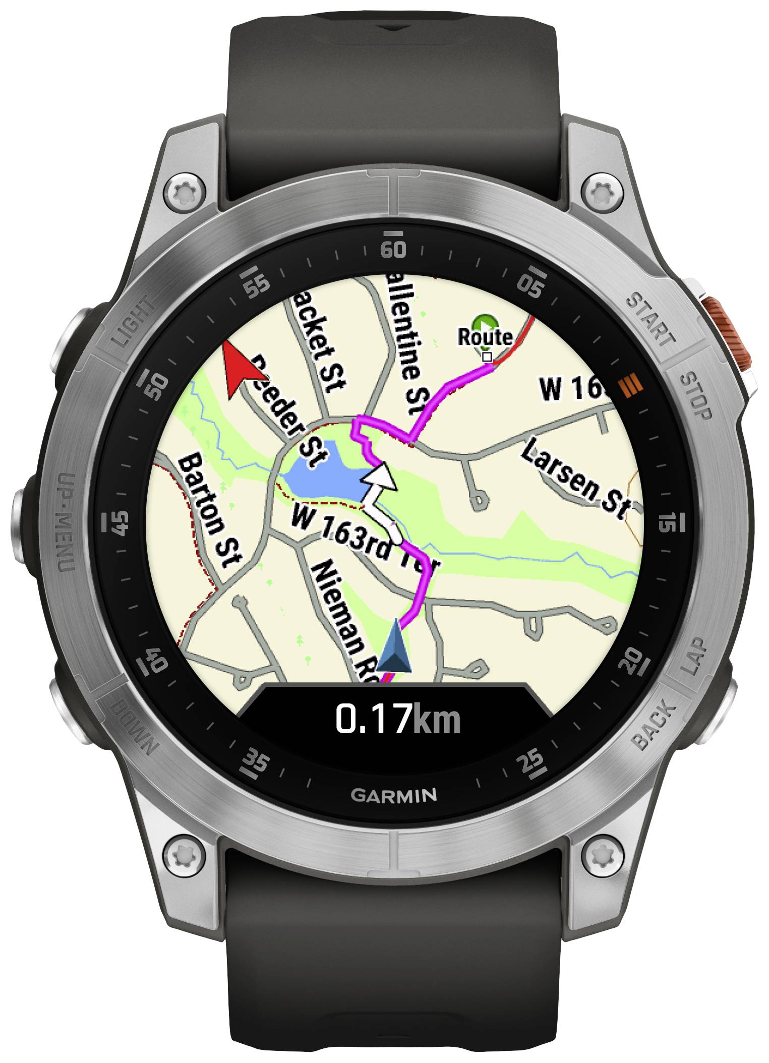A smartwatch with a street map on the display, showing a route highlighted in colour, with a distance of 0.17 km.