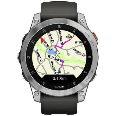 A smartwatch with a street map on the display, showing a route highlighted in colour, with a distance of 0.17 km.