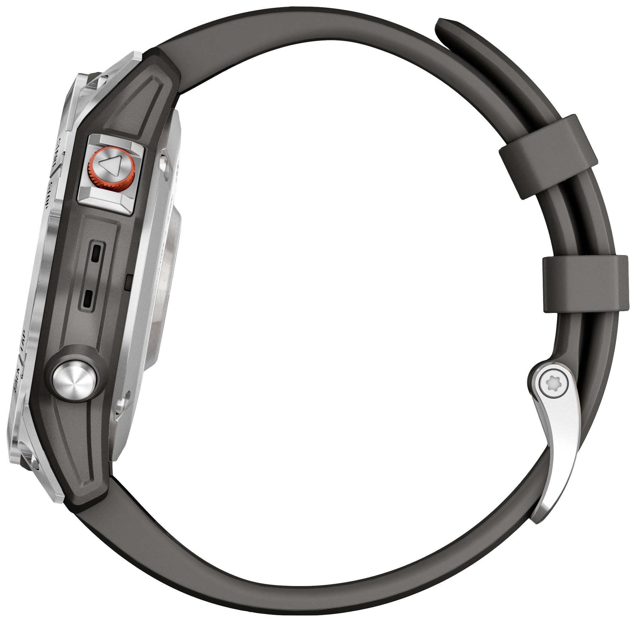 A digital wristwatch with a metal casing and black silicone strap, side view with visible control button.