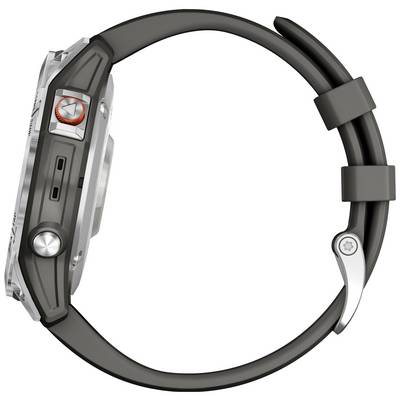 A digital wristwatch with a metal casing and black silicone strap, side view with visible control button.