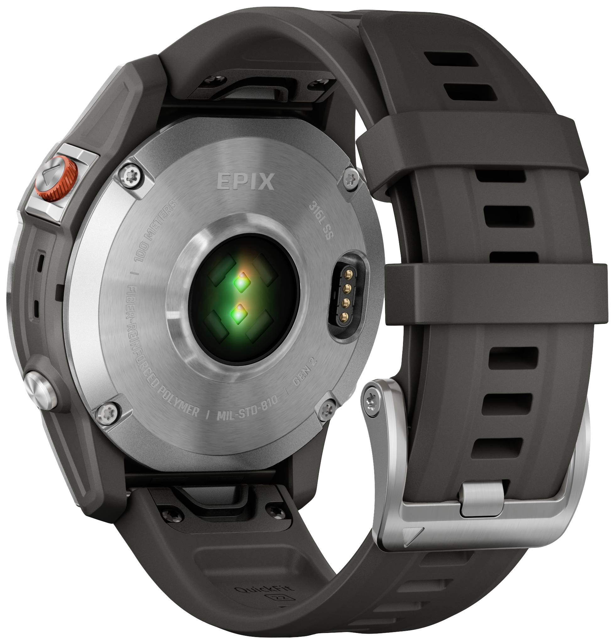 A smartwatch with a black strap and circular metal casing, with a heart rate sensor and charging port on the back.