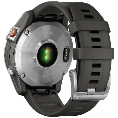 A smartwatch with a black strap and circular metal casing, with a heart rate sensor and charging port on the back.