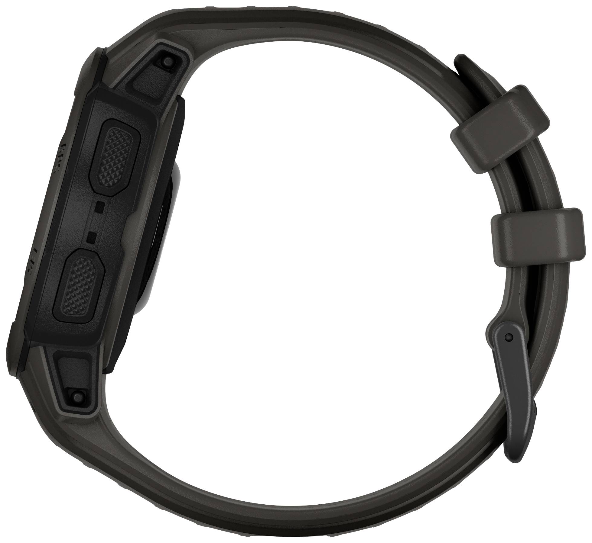 Black smartwatch with a round dial and silicone strap, side buttons for operation, set against a white background.