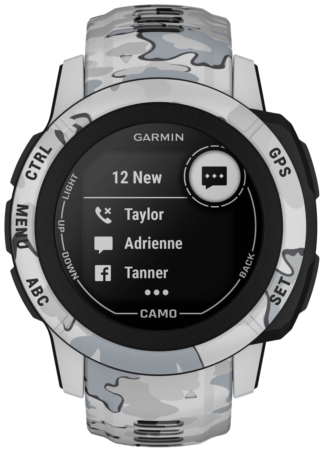 This smartwatch displays the notification menu with contacts 'Taylor', 'Adrienne' and 'Tanner' on a grey camouflage design.