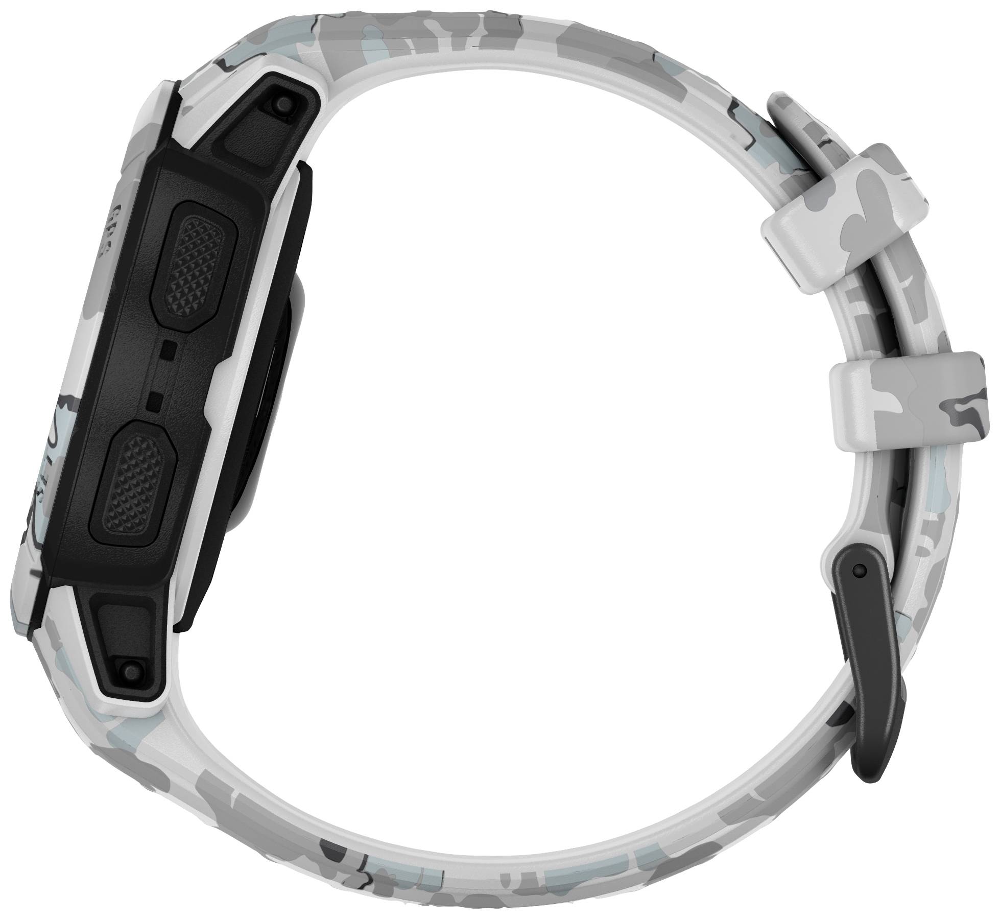 A grey-black, robust smartwatch with camouflage pattern, shown from the side. It has two buttons on the side of the casing.