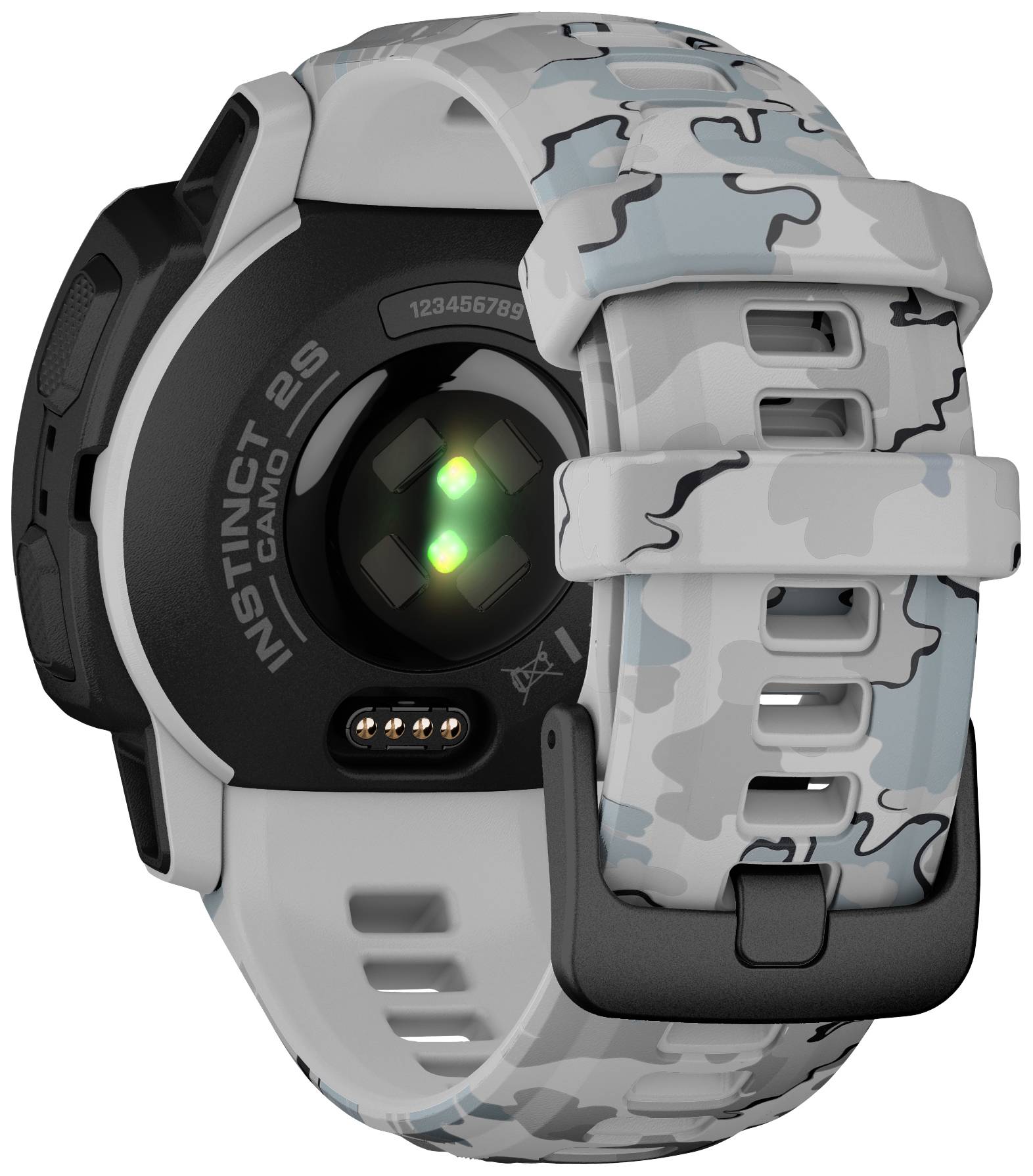 Smartwatch back featuring a grey, camouflage-patterned strap and a glowing green light sensor, displaying the 'Instinct 2S Camo' model.