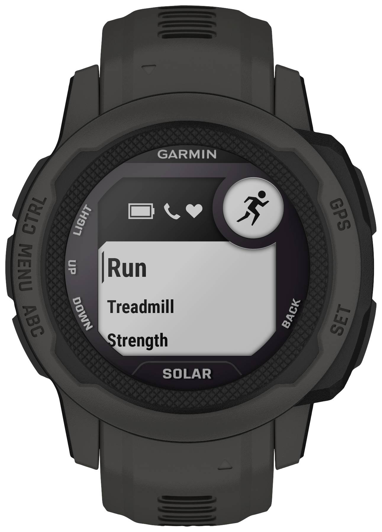 Black sports watch with a display showing options like 'Run', 'Treadmill', 'Strength'. Symbols for light, phone, and heart at the top.