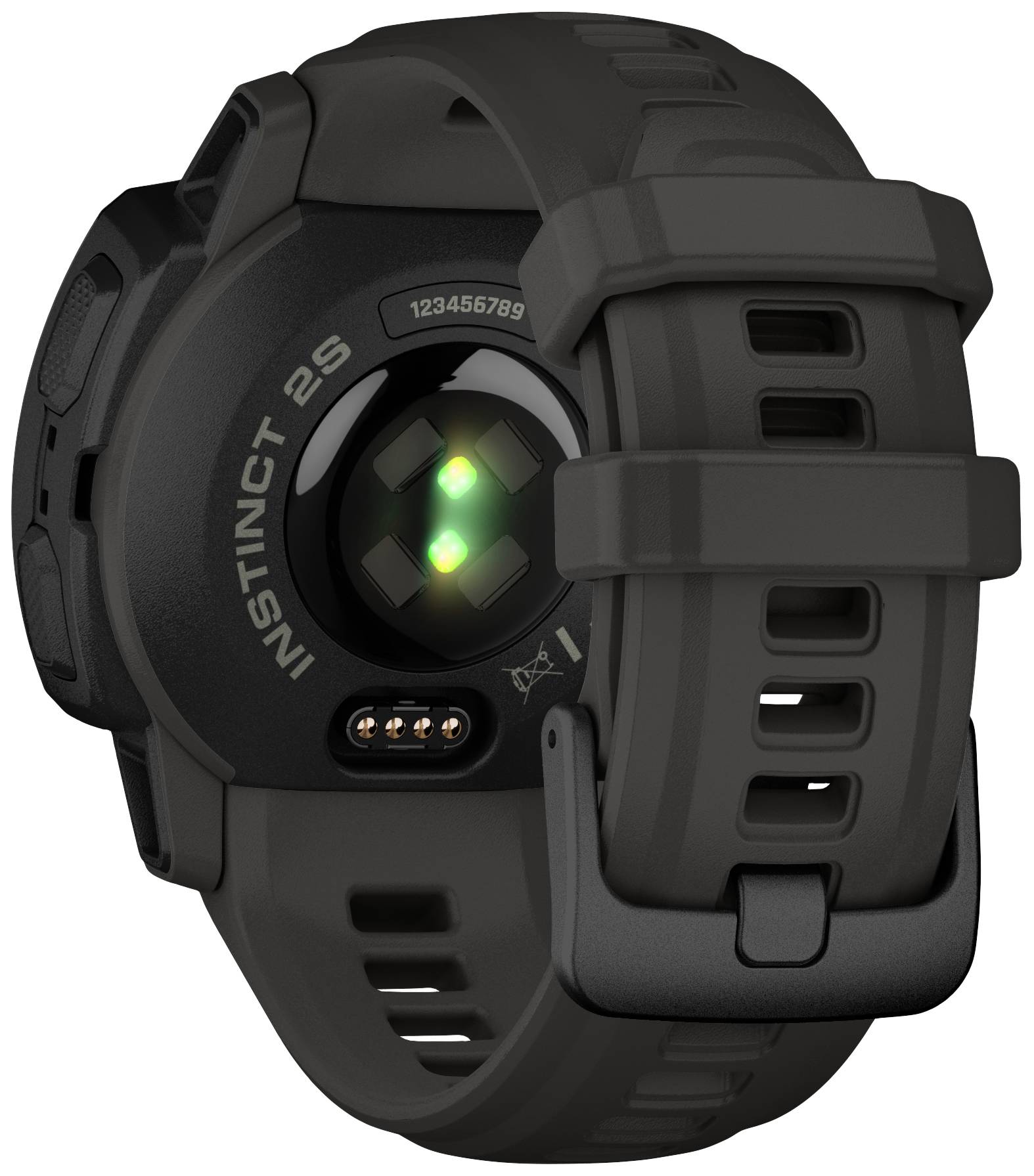 Smartwatch back with green sensor light and inscription 'INSTINCT 2S'. Strap in a dark colour. Focus on sensor and design.