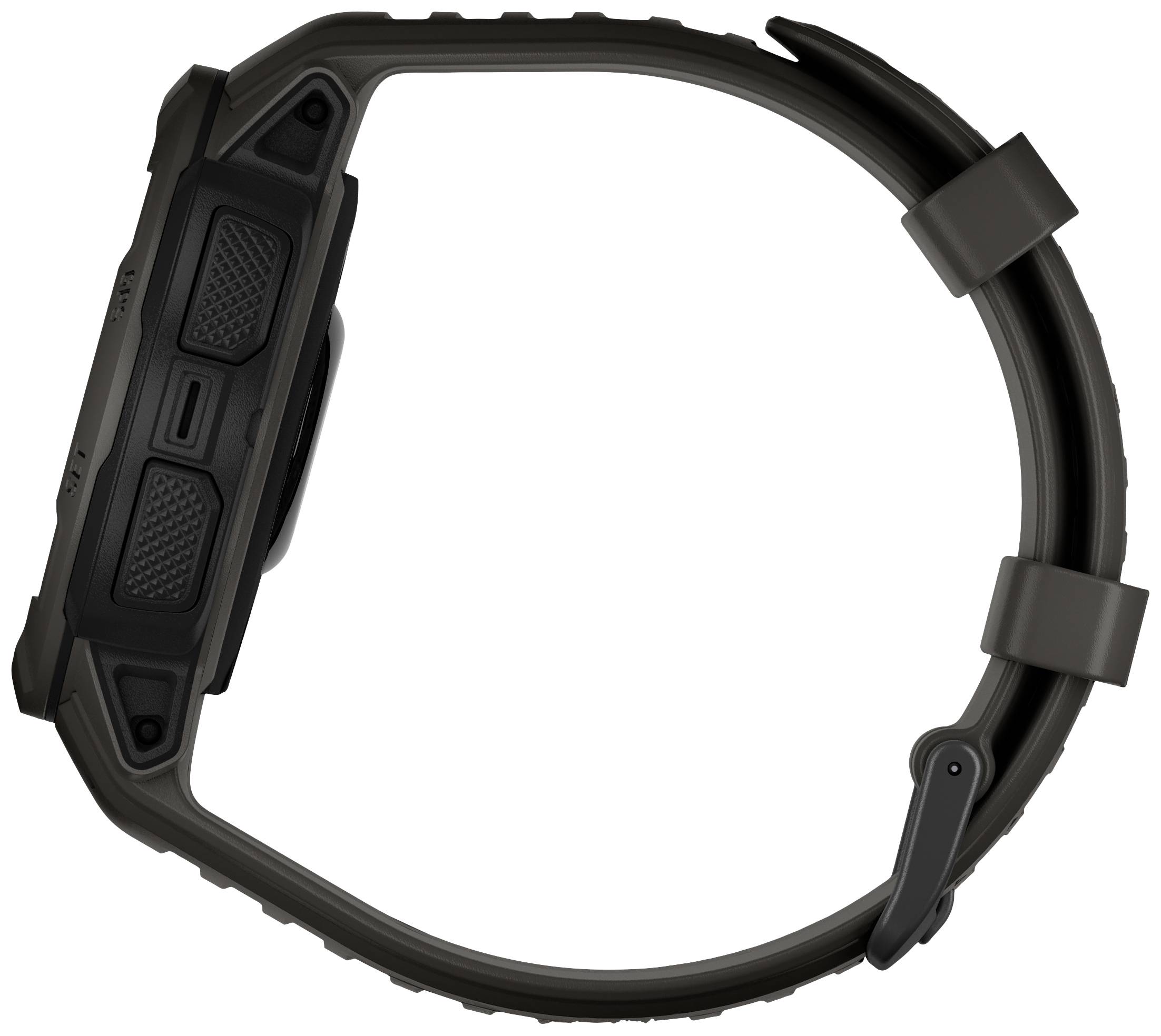 Black sports watch from the side, flat casing with textured surface, robust strap, suitable for outdoor activities.