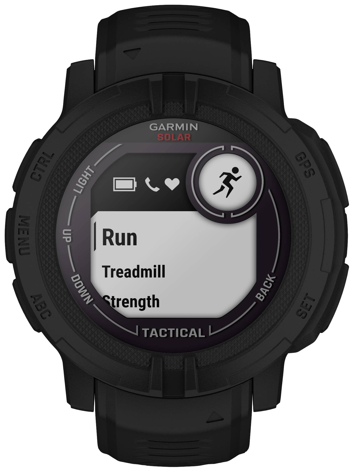 Smartwatch display with options for 'Run', 'Treadmill', and 'Strength'. Call and message icons at the top.