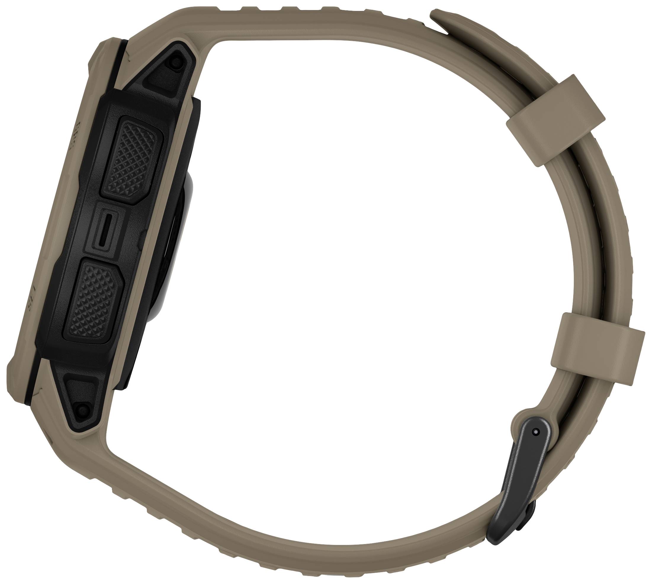 A brown smartwatch with a rectangular screen and silicone strap, viewed from the side; shows design and closure details.