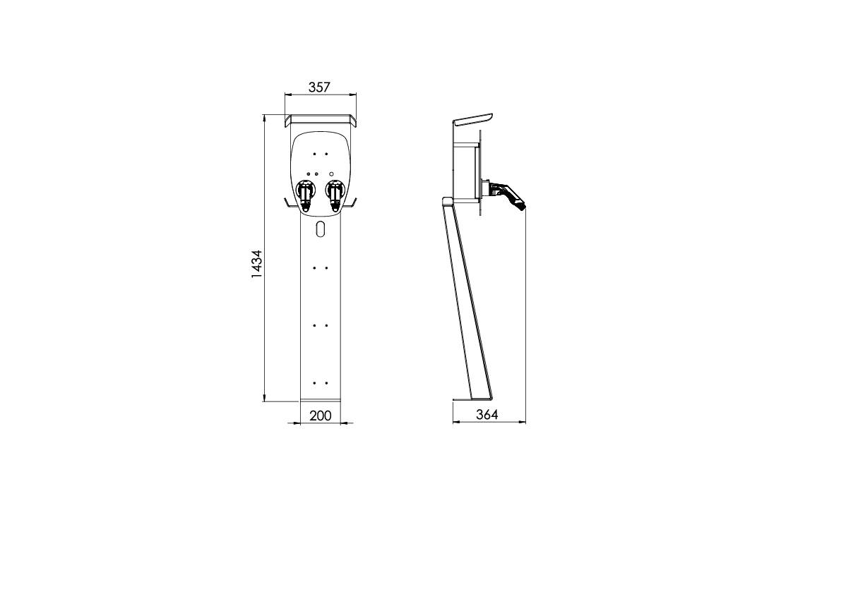Drawing of a water dispenser with dimensions: 1343 mm height, 357 mm width, 200 mm depth. Two water taps and side view.