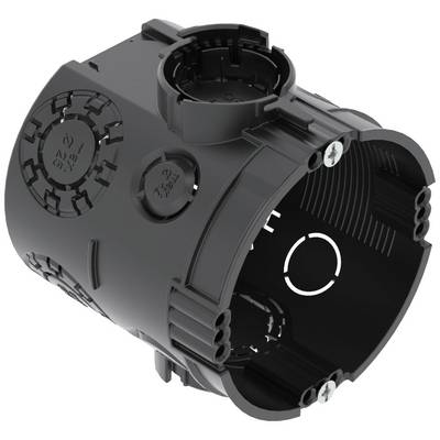Black, cylindrical electrical junction box with multiple outlets and mounting elements, suitable for wall installations.