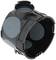 Round black plastic installation box with side openings and blue covers. Suitable for electrical installations in walls.