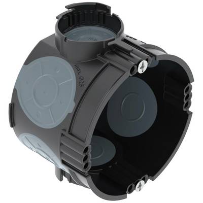 Black round junction sleeves with blue covers and screw holes, used for the installation of electrical cables.
