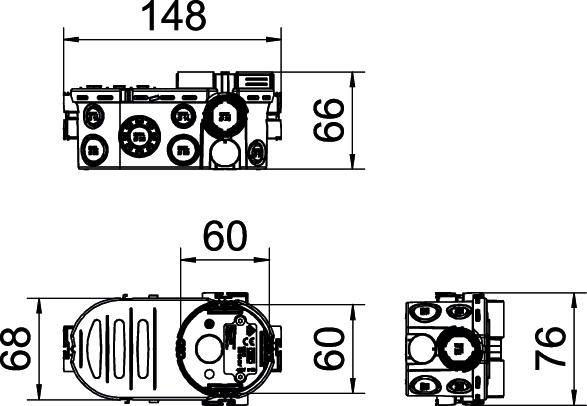 Technical drawing of a component with dimensions 148 x 68 x 76 mm. Top view, side view and front view with details.