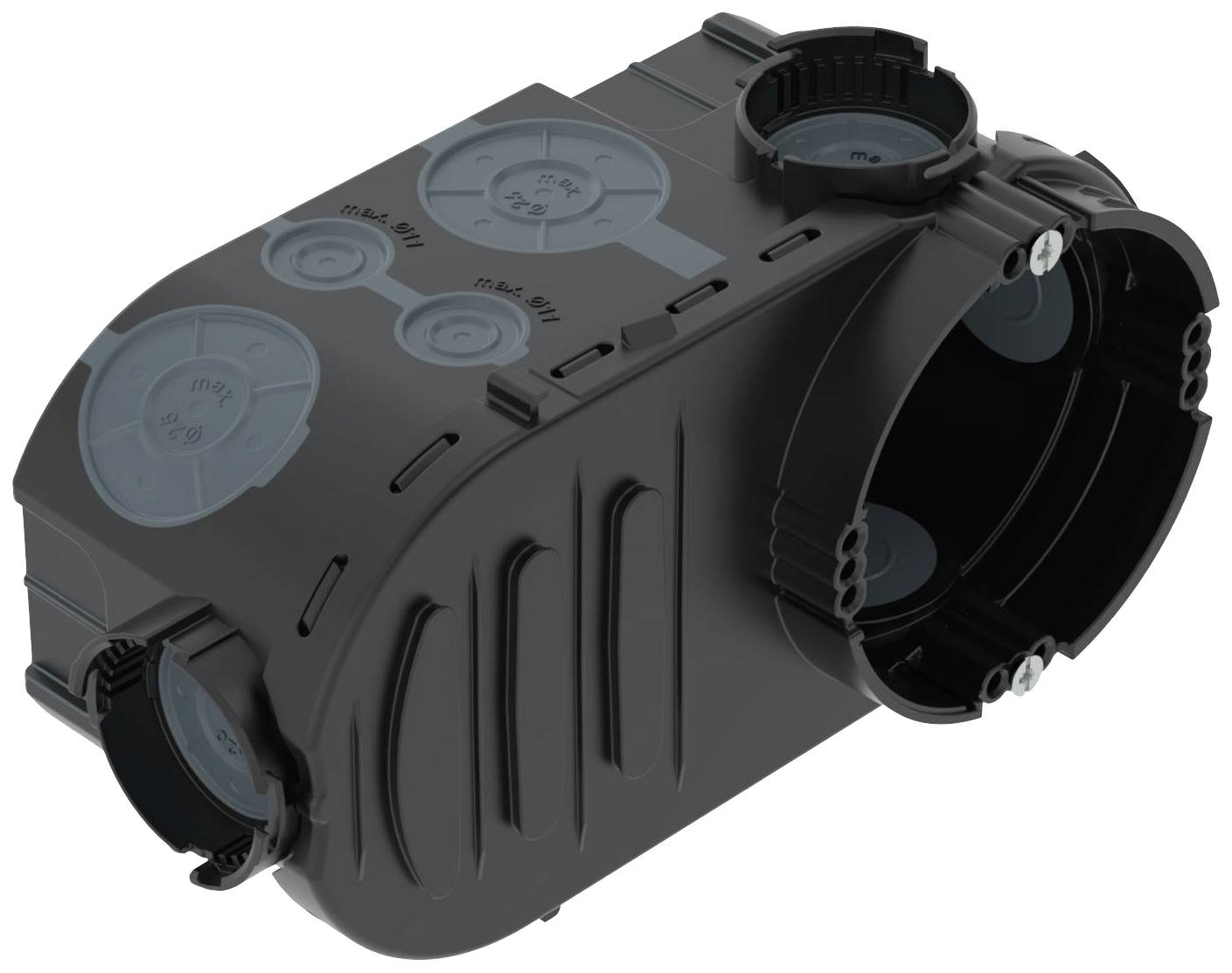 A rectangular black enclosure with several blue round connectors. It appears technical and could be a connecting element.