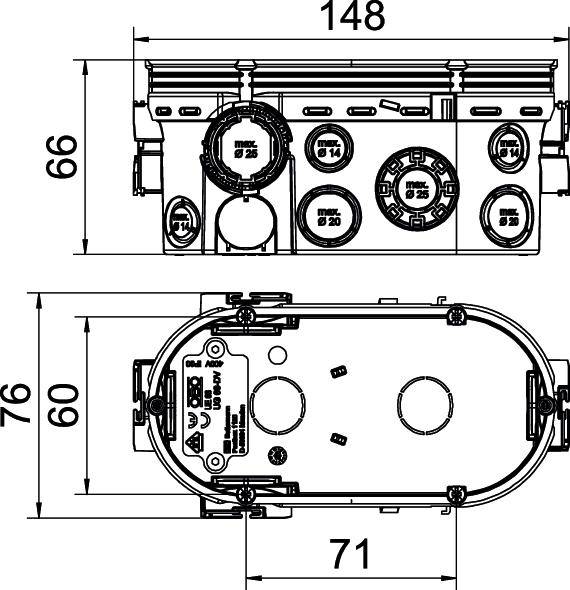 Technical drawing of a rectangular component with metric dimensions: 148 mm in width, 66 mm in height, 76 mm and 60 mm in depth.