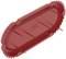 Red plastic cover part with a textured edge; logo in the centre, four protruding bars. Possibly used for covering or sealing.