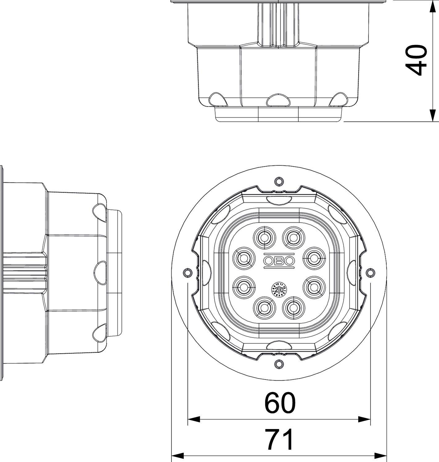 Technical Drawing of a Round Socket with Precise Dimensions: 40 mm Depth, 60 mm and 71 mm Diameter. Commercial Application.