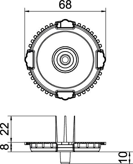 Technical drawing of a round metal part with a diameter of 68 mm and a height of 22 mm, showing top and side views.