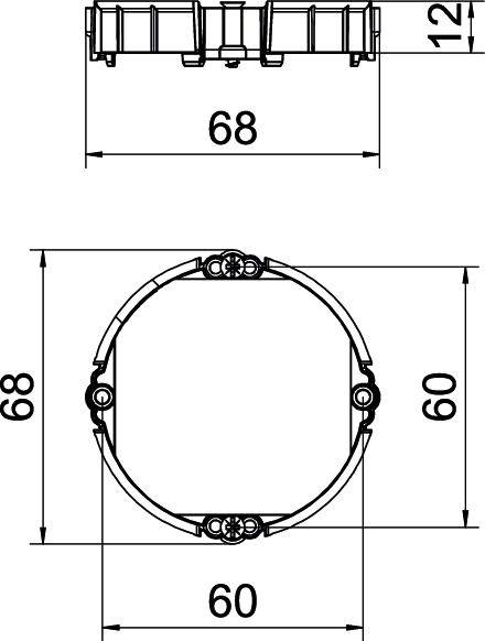 Technical drawing of a round flush-mounting box with dimensions: 68 mm diameter, 60 mm internal diameter, 42 mm depth.