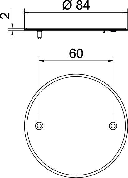 Technical drawing of a circular object with a diameter of 84 mm and a depth of 2 mm. Two holes spaced 60 mm apart.
