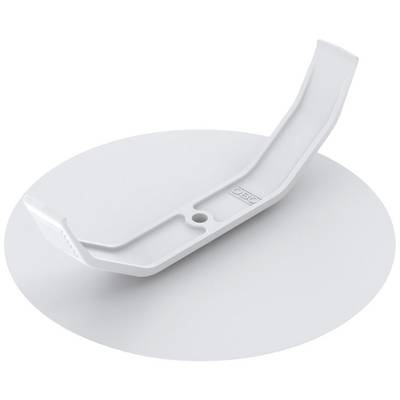 A white, curved plastic holder lies horizontally across a round, flat disc.