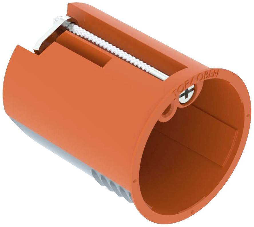 'Orange hollow wall socket with screws for mounting in walls. The marking 'TOP/UP' indicates the correct orientation.'