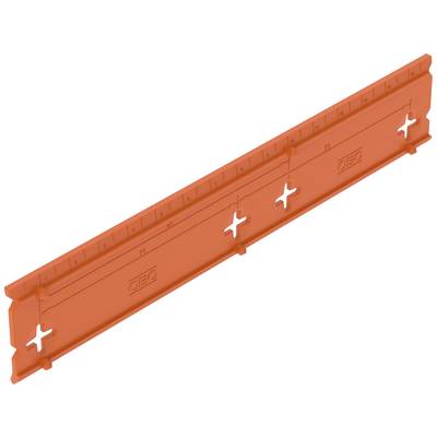 Orange plastic spacer with a scale and multiple holes that can be used for installation or mounting.