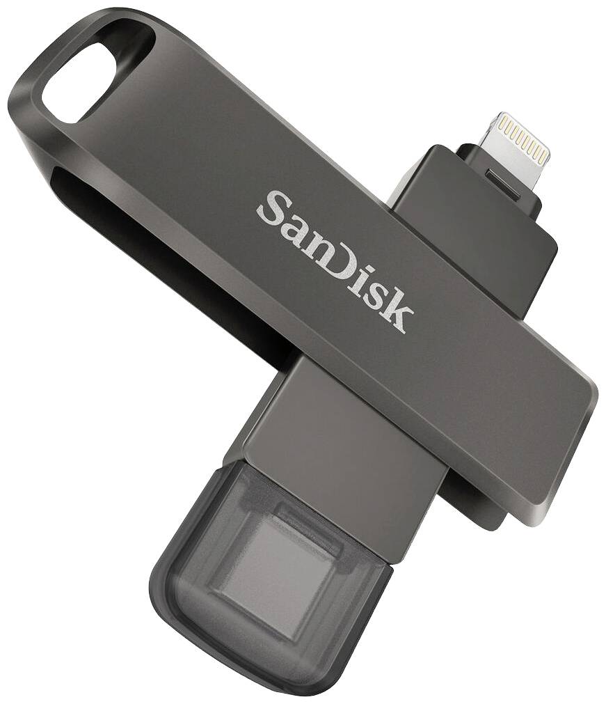 A SanDisk flash drive with a metallic finish, featuring USB and Lightning connectors for storing and transferring data between devices.