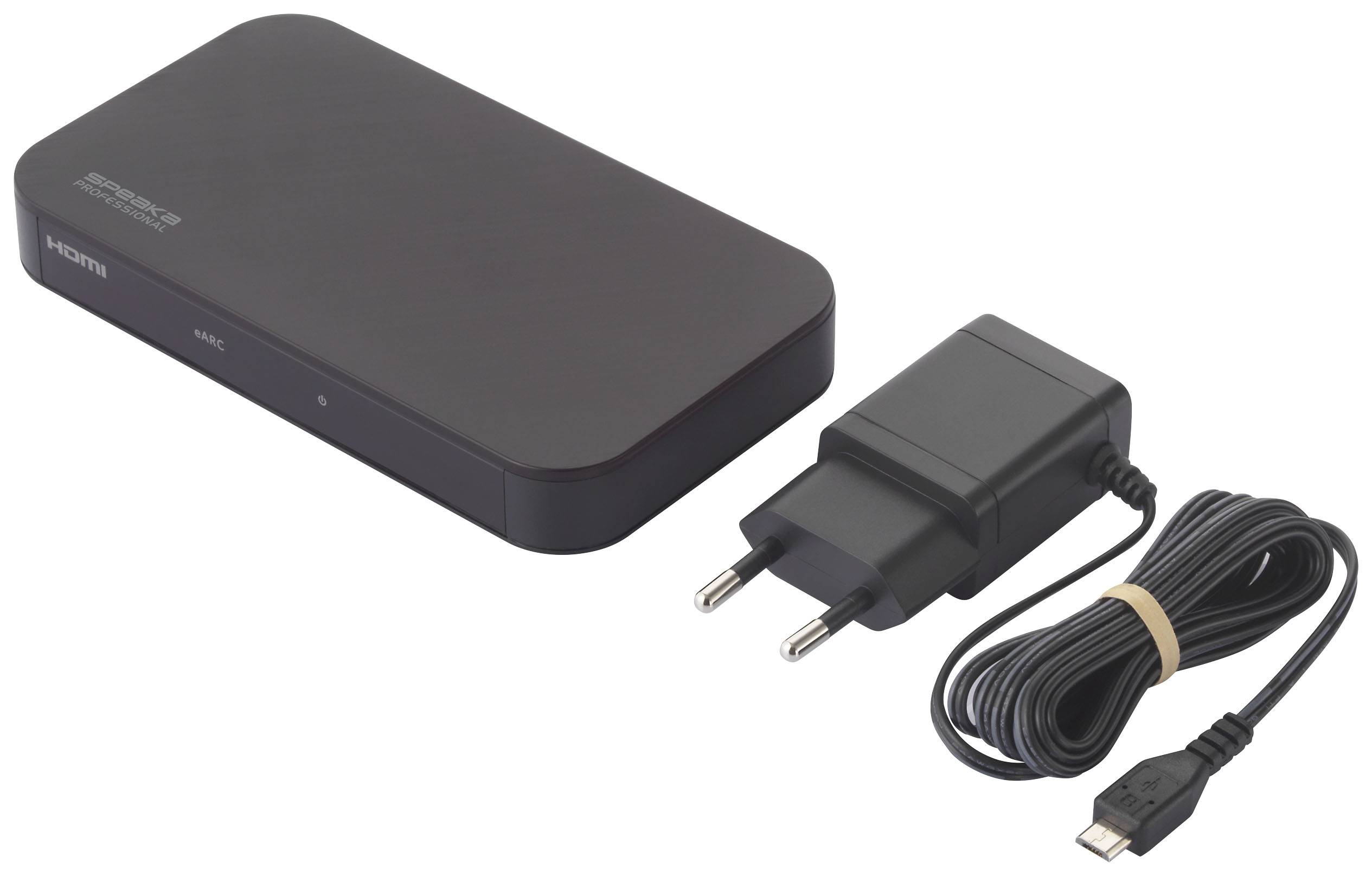 A black electronic device with an HDMI port and a power supply with a cable, for connecting or powering the device.