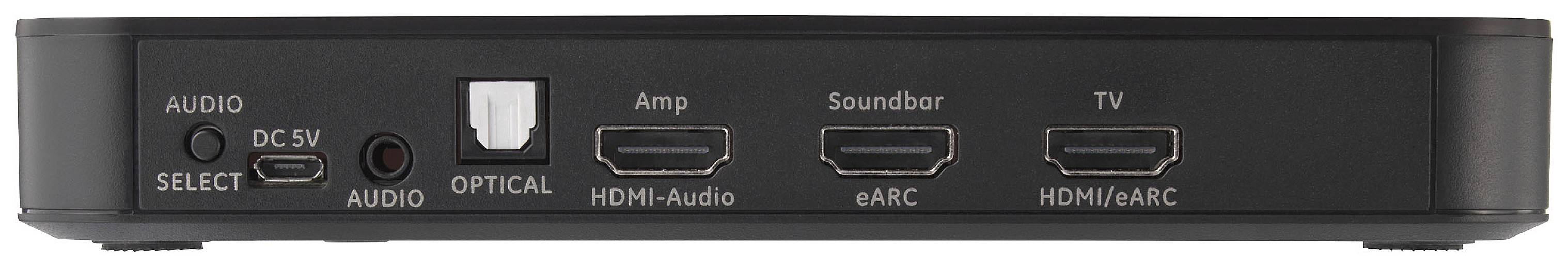 Rear view of a black soundbar with connections: Audio, optical, HDMI audio, eARC and HDMI/ARC, as well as power supply socket.