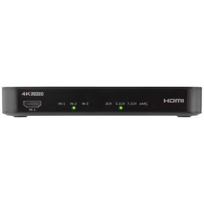 'Black AV switcher with 4K UHD and HDMI logo. Shows inputs: IN-1, IN-2, IN-3. Indicators for 2CH, 5.1CH, 7.1CH, QARC.'