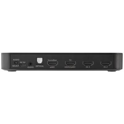 Back of an electronic device with connections: Audio, DC 5V, Optical, eARC, HDMI/ARC, IN-3, IN-2. Audio output and optical input visible.