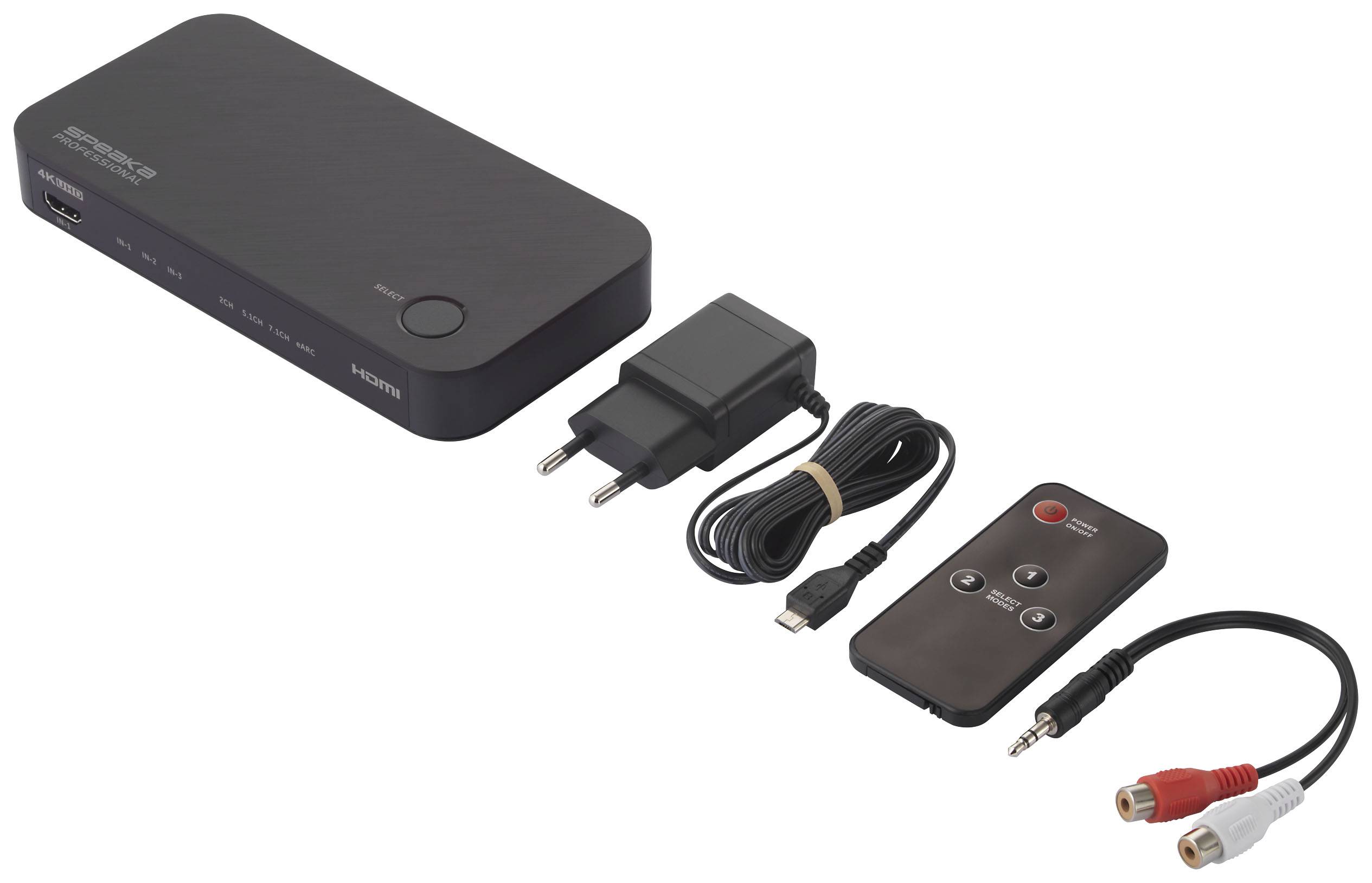 A black media streaming box with HDMI port, power adapter, HDMI cable, remote control and AV cable. Suitable for home cinema setups.