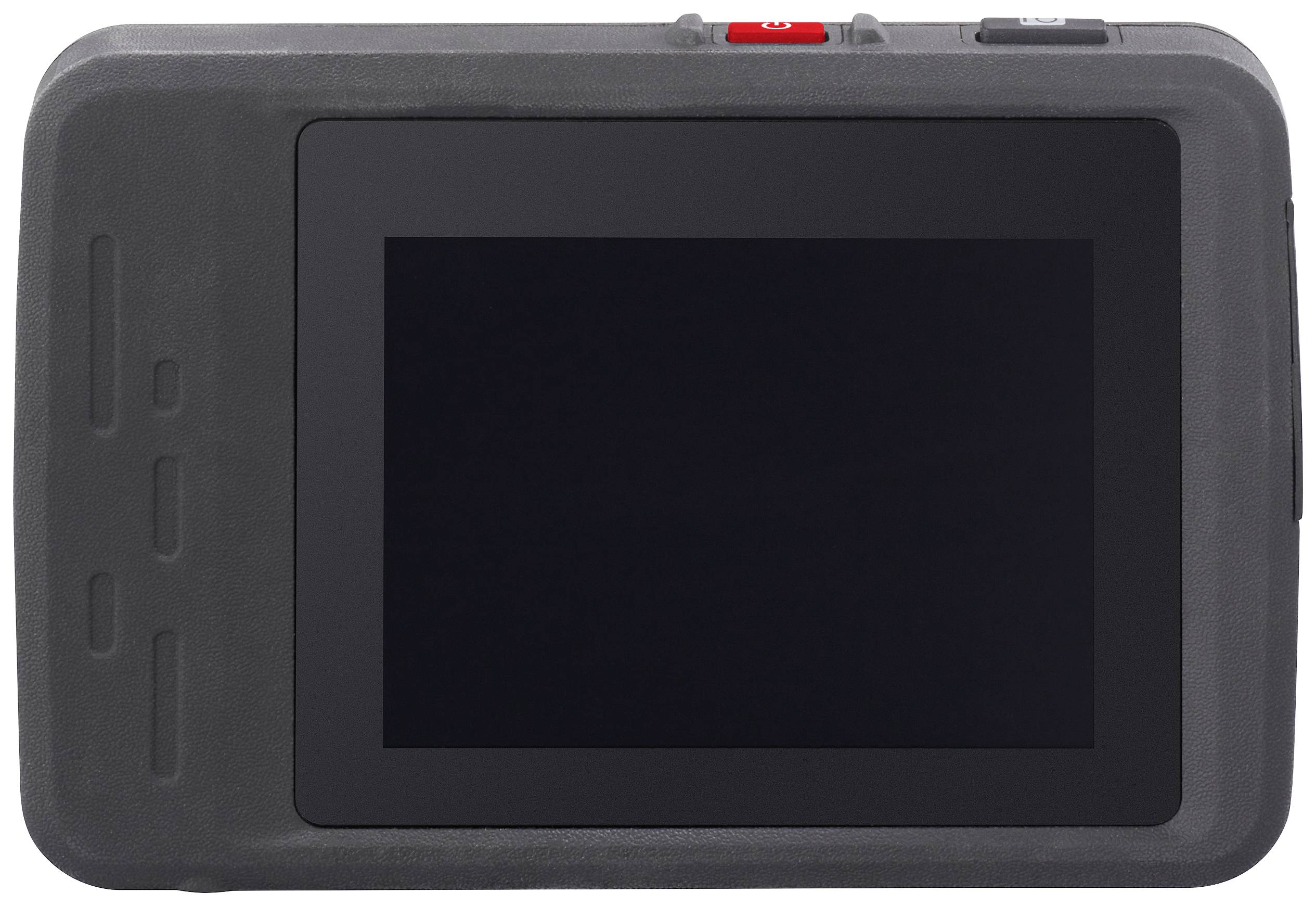 Rear view of a camera with a black screen and red buttons on top.