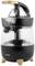 Electric citrus press made of black plastic with a transparent collection container and wooden feet.
