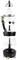 Exploded view of an electric juicer with parts: juice container, sieve, pressing cone, cover, motor base with wooden feet.