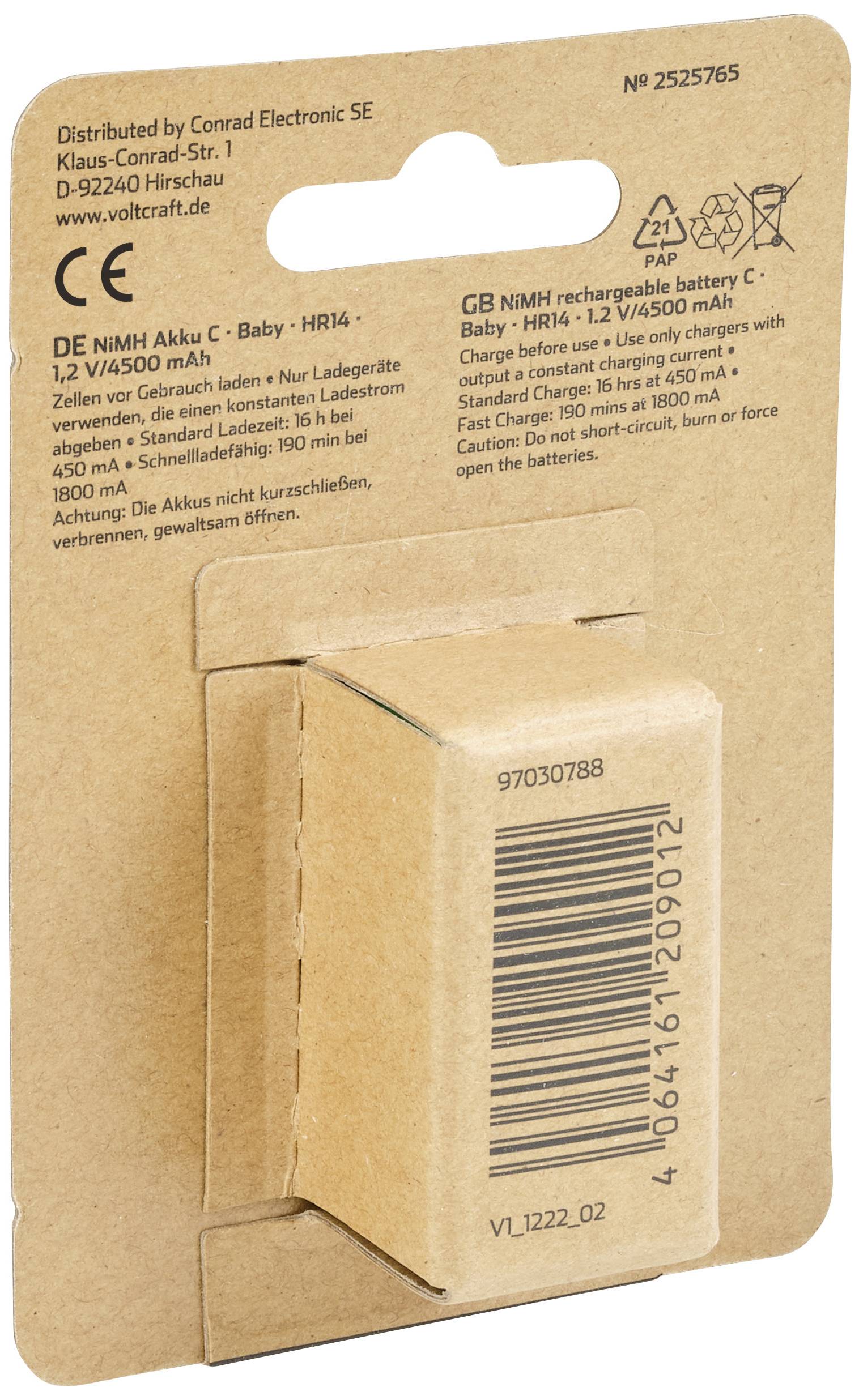 The packaging of a rechargeable NiMH C-size battery, 4500 mAh, from Conrad Electronic. Contains address and barcode.