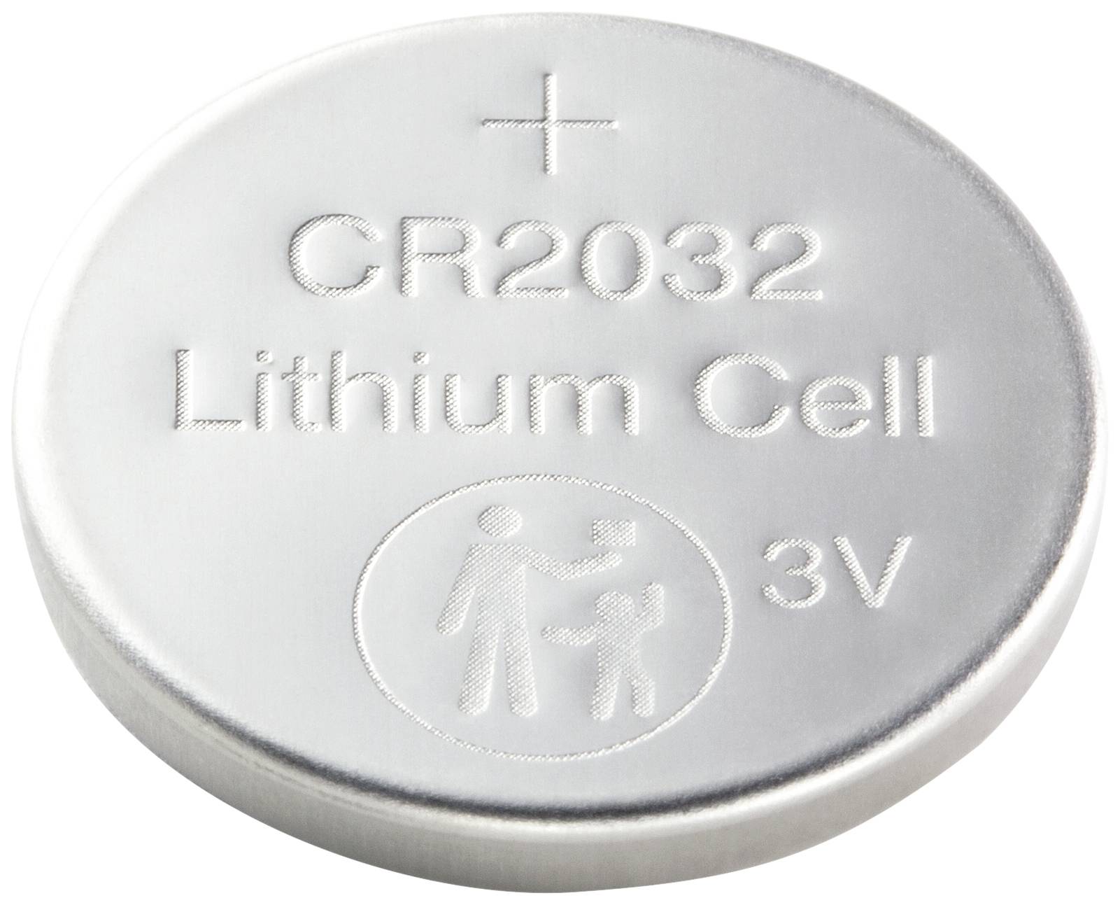 CR2032 button cell with 3 volts, marked 'Lithium Cell'. Suitable for small electronic devices.
