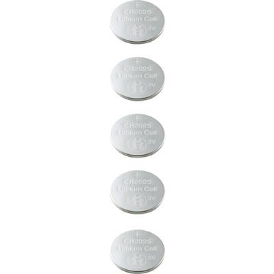 Five silver button cell batteries, each marked with 'CR2025 Lithium Cell 3V', stacked on top of each other.