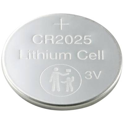 Silver lithium button cell with engraving 'CR2025 Lithium Cell 3V' and a symbol of an adult with a child.