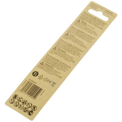 Brown paper packaging photographed from above with a barcode and multiple pictograms. Contains small text sections and symbols.