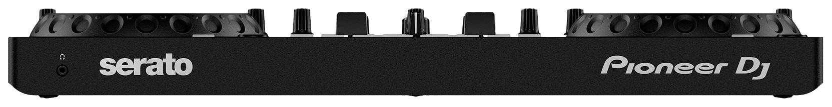 Black DJ controller with two rotary knobs, multiple sliders, and the 'Serato' and 'Pioneer DJ' logos on the front panel.
